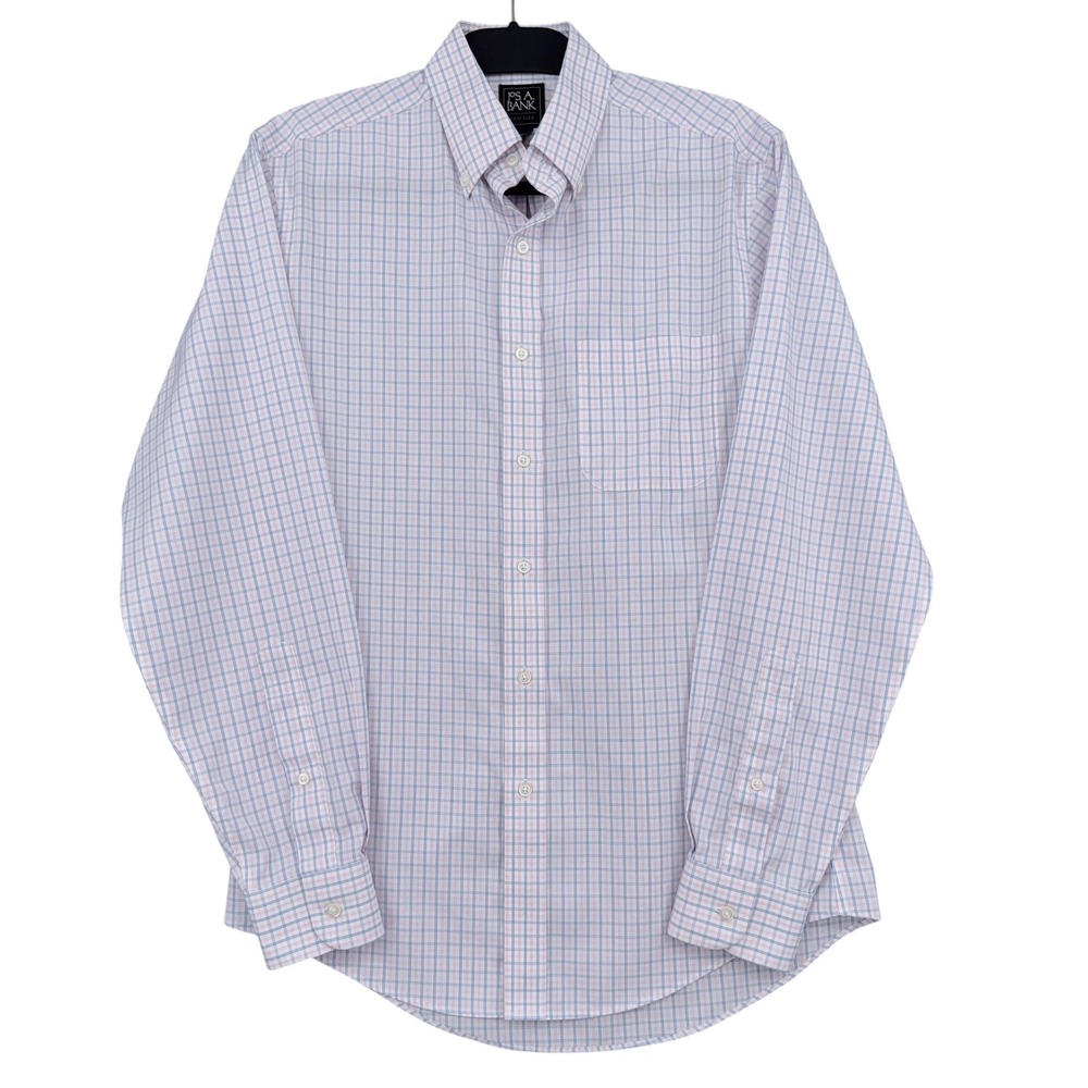 Jos. A. Bank Traveler Shirt Mens 15-34 Slim Fit 100% Cotton Pink Blue Check